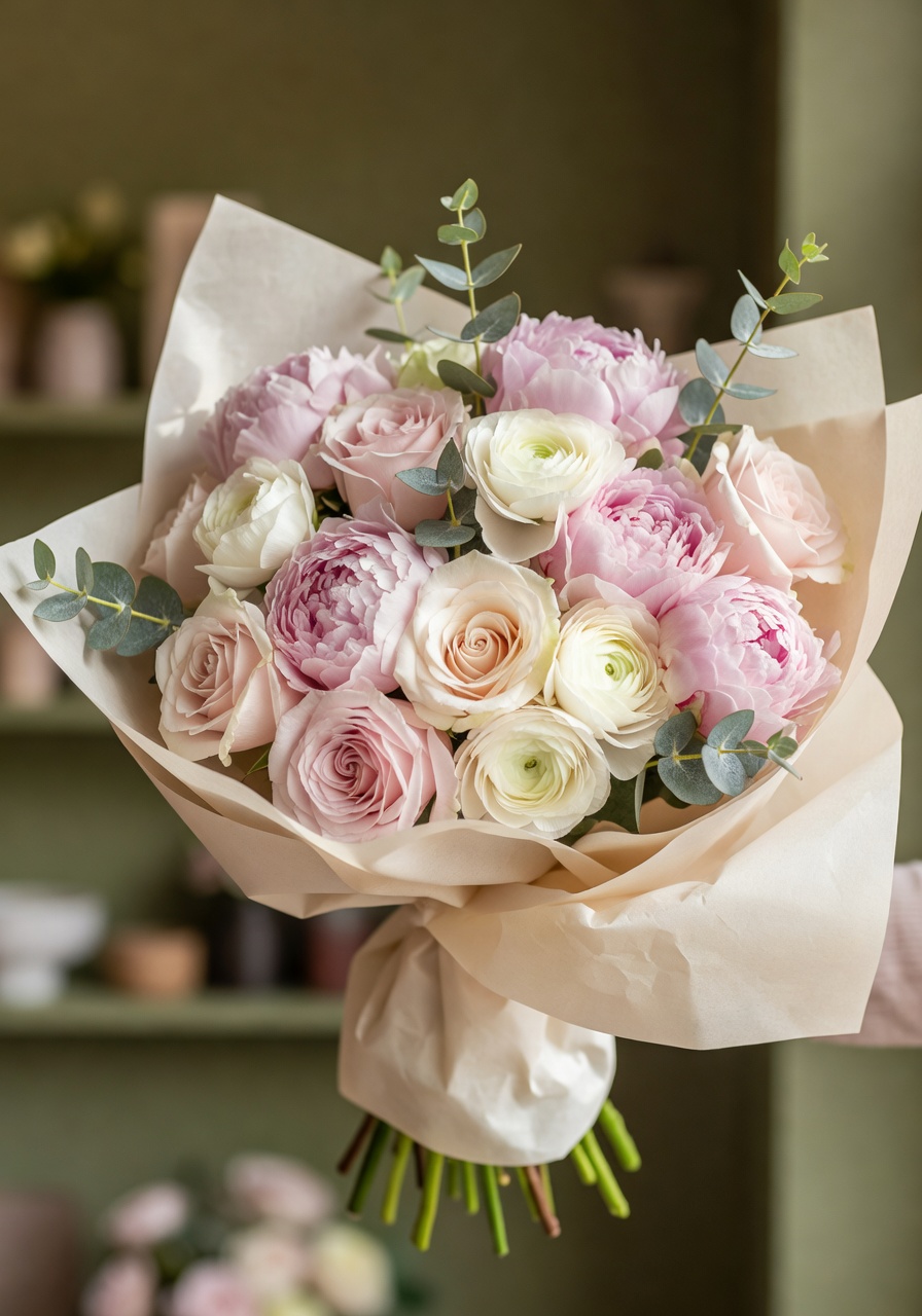 Hand gebundener Strauß mit Rosen und Pfingstrosen