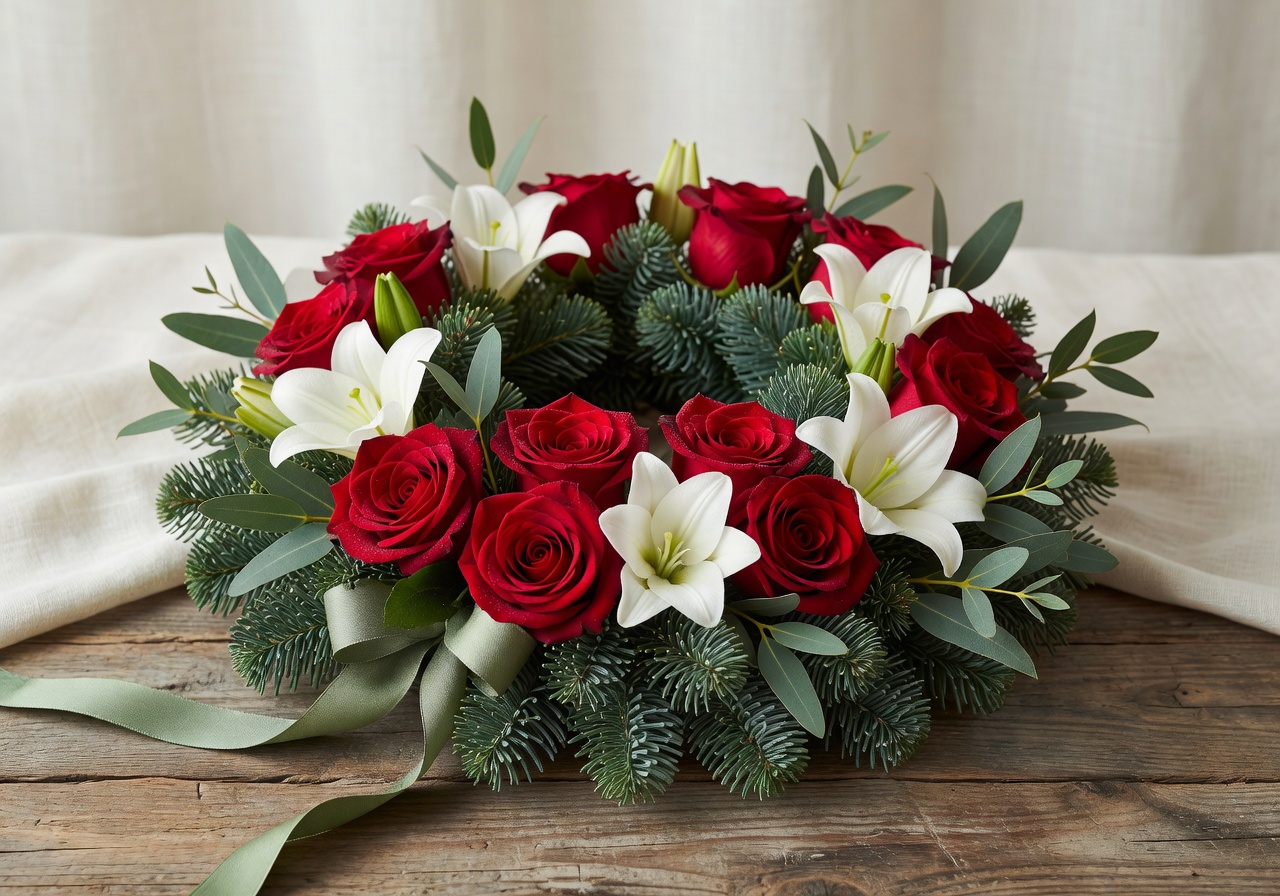 Trauergebinde mit dunklen Rosen und Eukalyptus